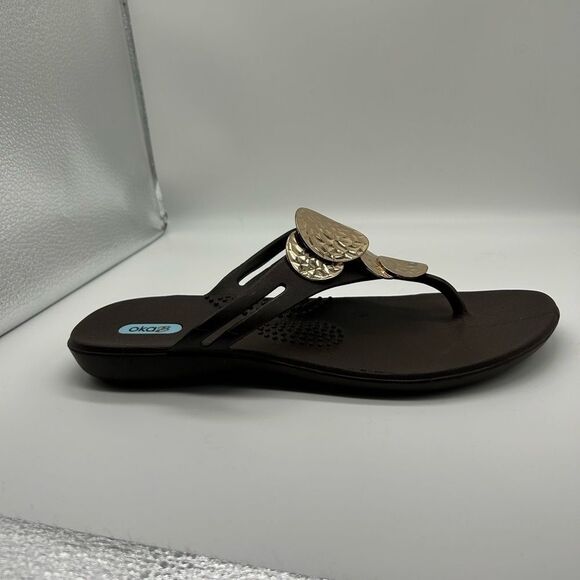 Oka-B Hammered Metal Disc Brown Thong Sandals - Picture 8 of 11